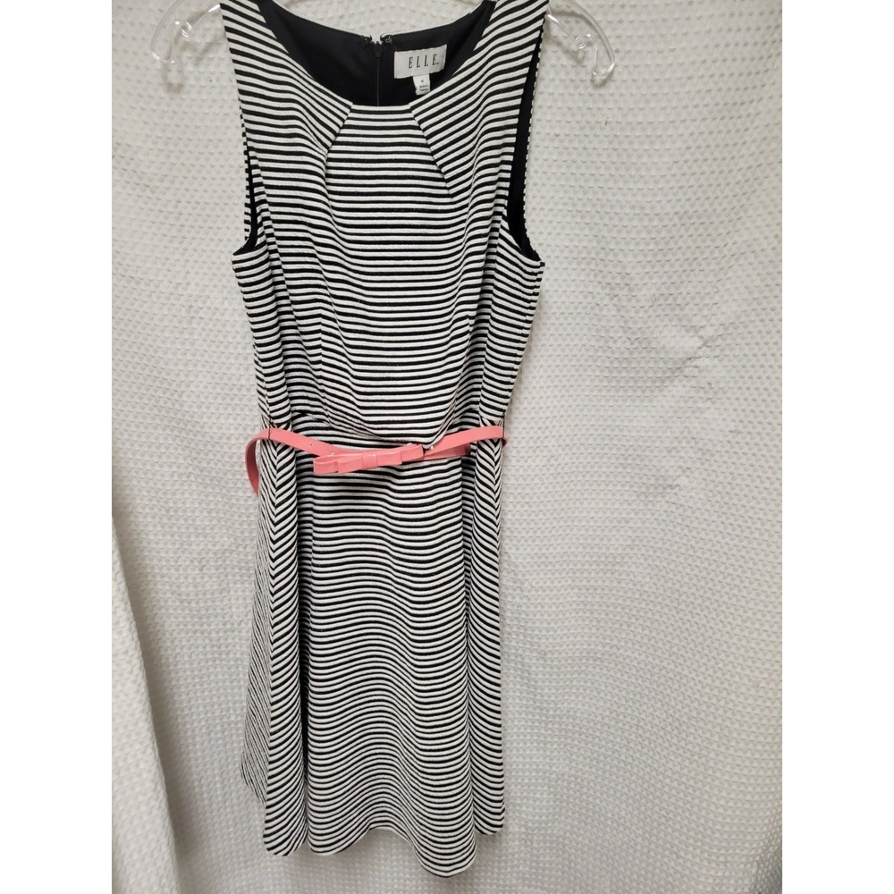 Elle Fit & Flare Dress Women's, M Medium, Black & White Stripes w/ Pink Belt